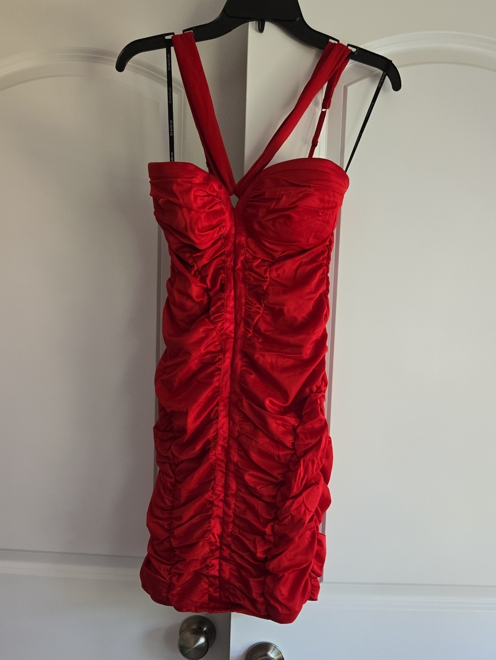 bebe Red Ruched Satin Mini Dress with Sweetheart Neckline